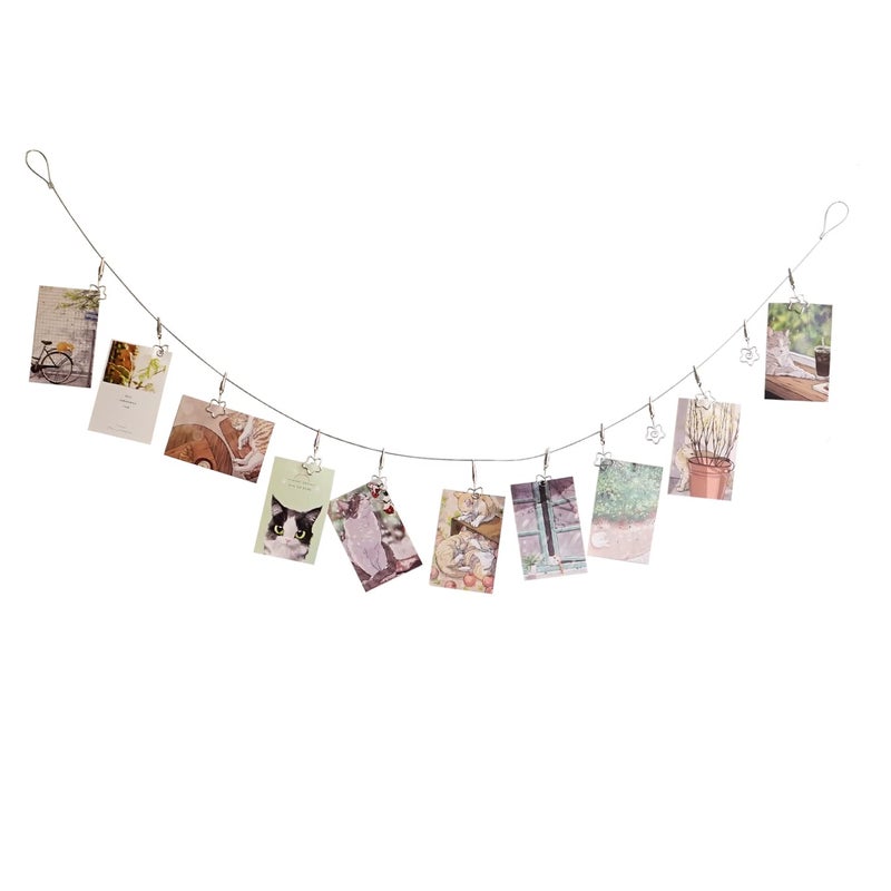 TFu Multi-Purpose Steel Wall Hanging Photo Display Cable Wire Rod with 12 Adjustable Clips for Hanging Photos Notes Postcard and Artworks (Flower) - Image 1